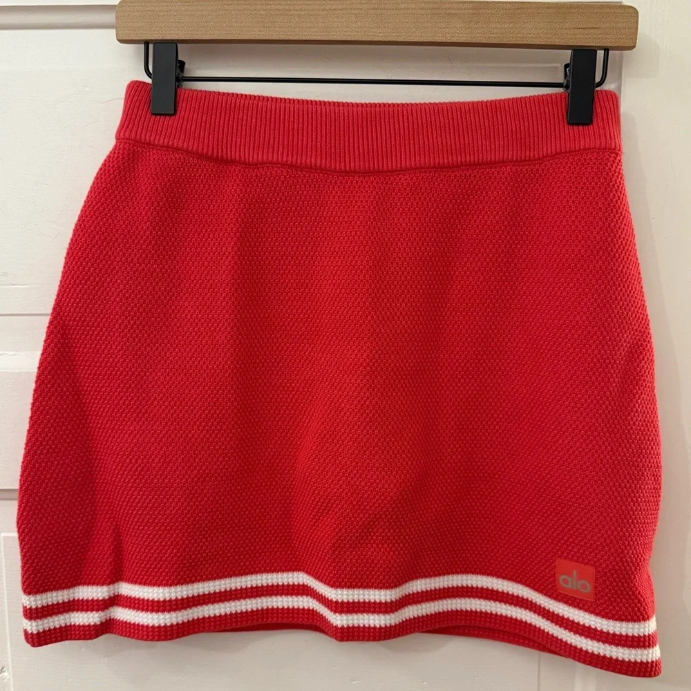 ALO Yoga Red Knit Tennis Skirt with White Stripe